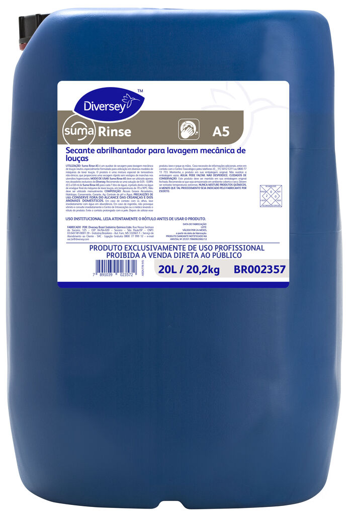 SUMA RINSE 20L - SECANTE ABRILHANTADOR PARA LAVAGEM MECÂNICA DE LOUÇAS